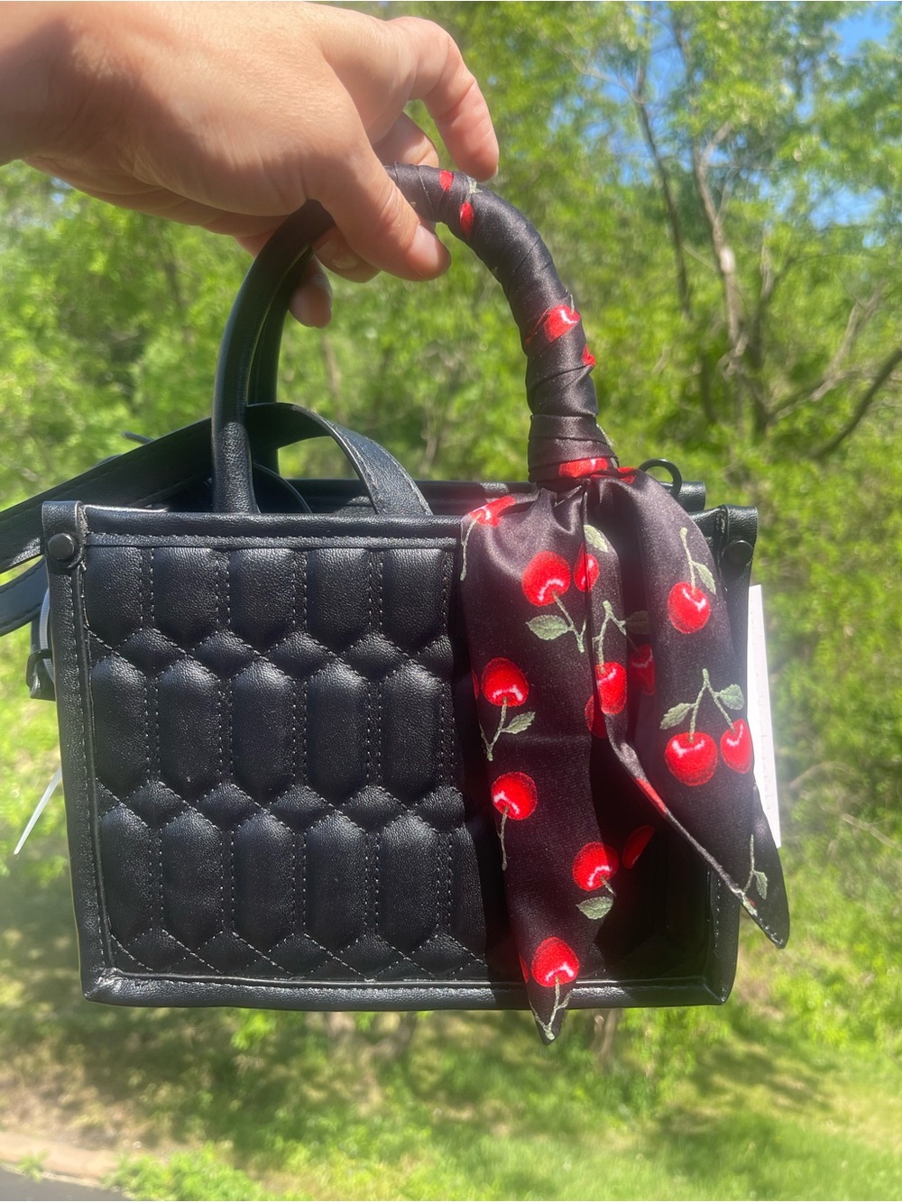 Steve Madden Black Quilted Mini Top-Handle Bag with Cherry Scarf